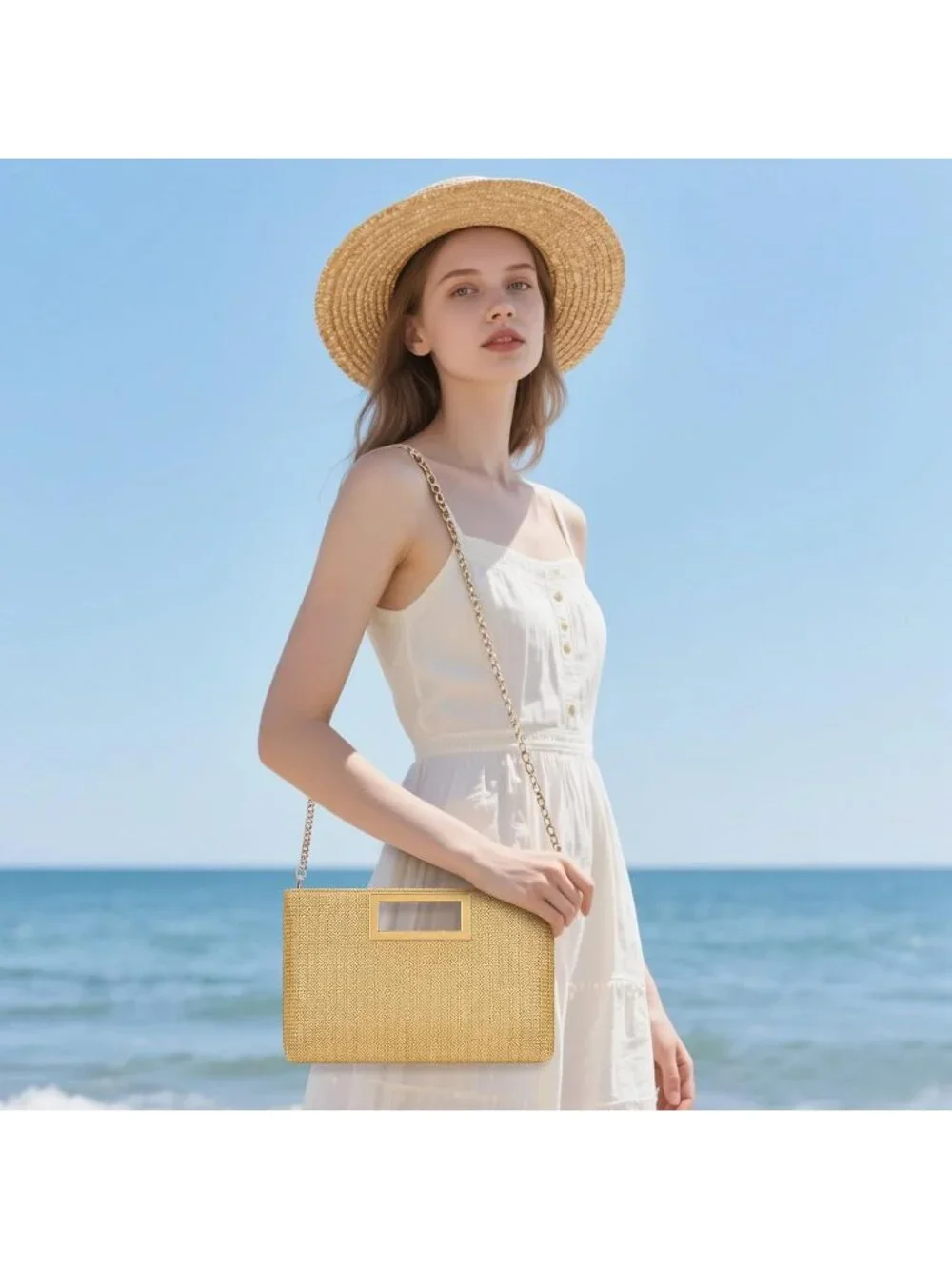 Women's Khaki Clutch Purse Gold Chain Strap Handle Handbag Wedding Evening Bag